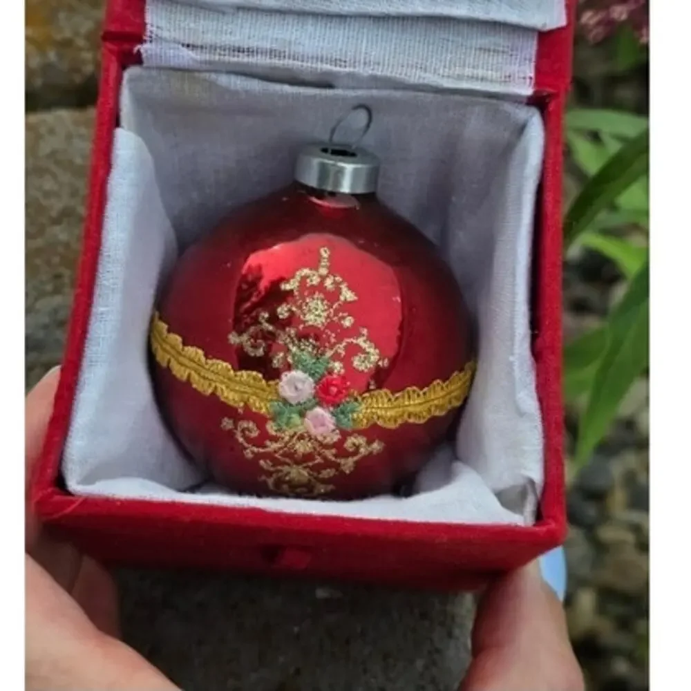 VTG Christmas Ornament Red Glass Globe Western Germany Gold Filigree Rose RARE